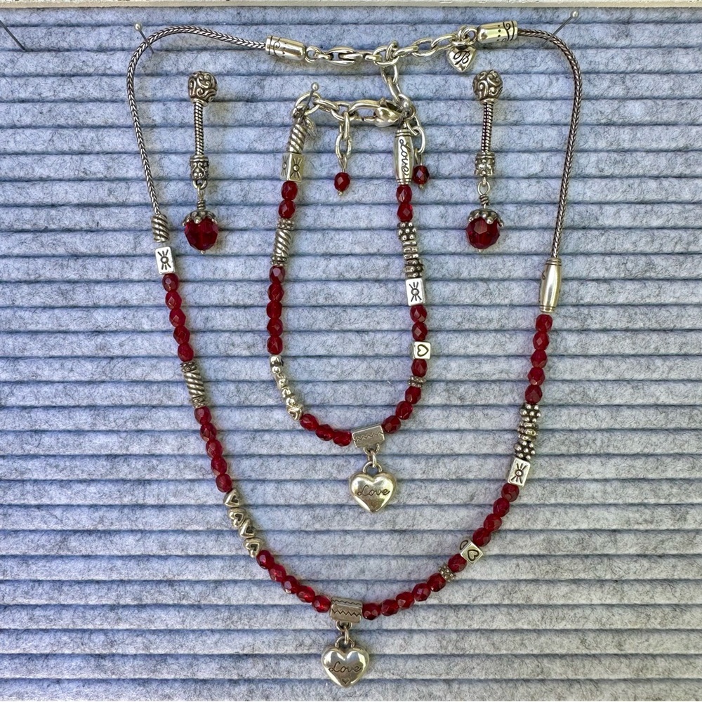 Vintage Brighton Le Rouge Love Red Silver Necklace, Earrings, Bracelet Set